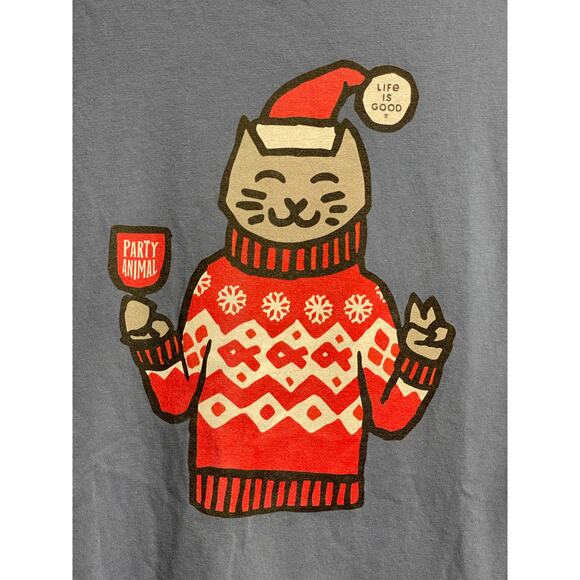 Life is Good blue‎ cat Christmas hat sweater men’s size Large - Picture 1 of 7
